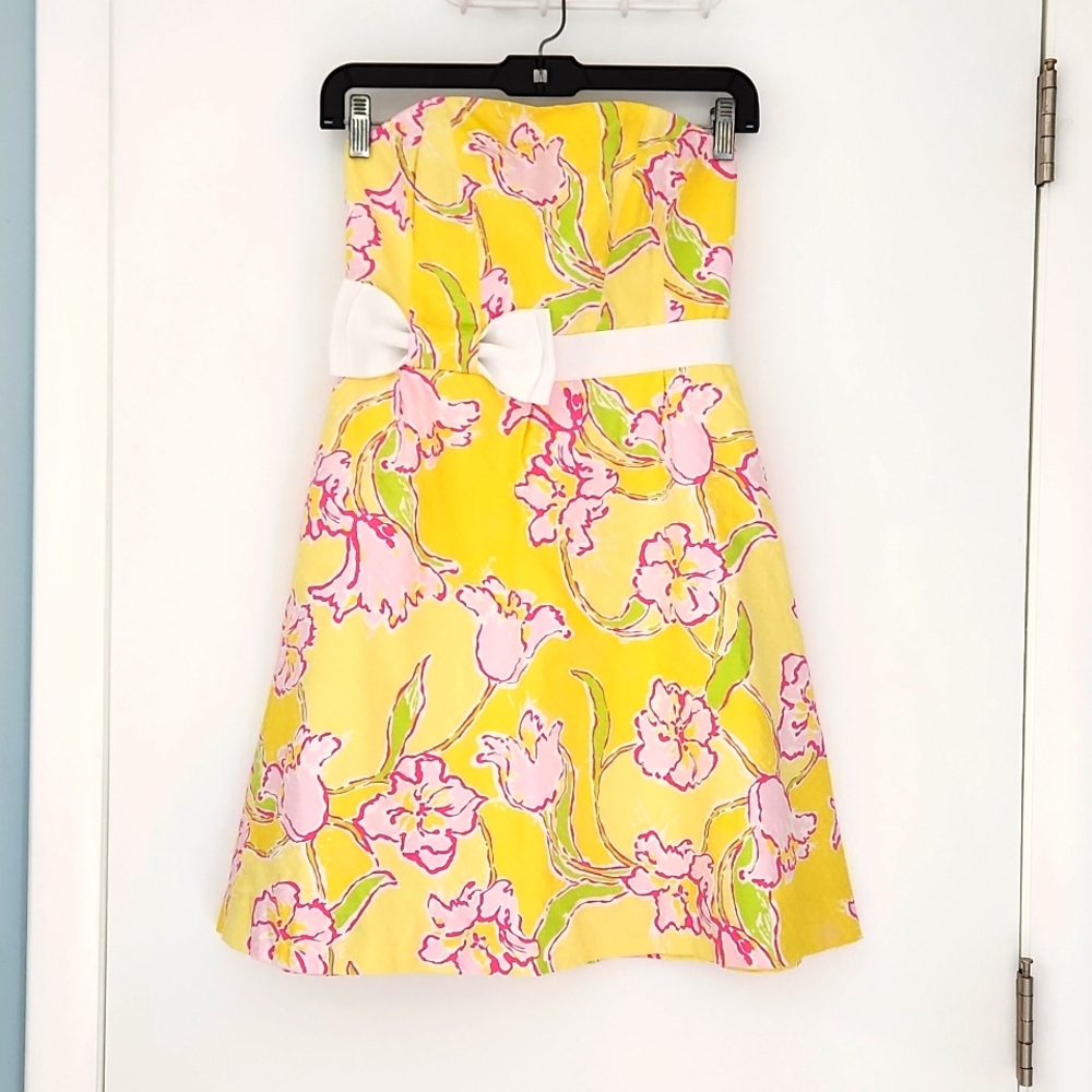 Lilly Pulitzer Strapless Dress / Amberley in Daylilly / Yellow Pink White